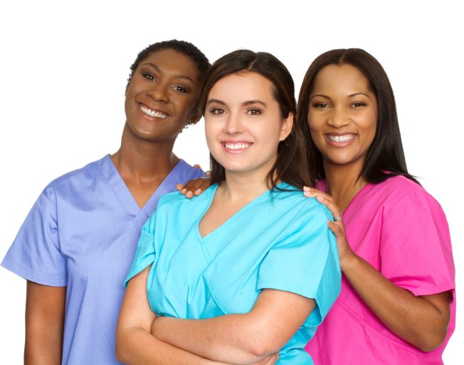 Diverse group of nurses isolated on white.